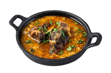 Kharcho soup with beef meat, rice, tomatoes and spices in a pan.  Transparent background. Isolated.