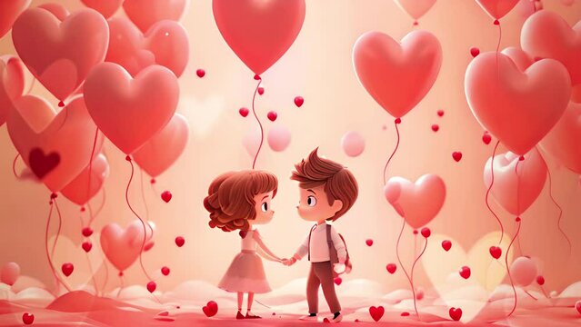 An illustration of a young boy and girl holding hands amidst a whimsical array of floating heart-shaped balloons in varying shades of pink and red