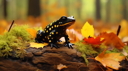 a black frog on a log with yellow leaves - Powered by Adobe