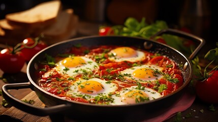 a pan of food with eggs and tomatoes - obrazy, fototapety, plakaty