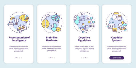 2D linear icons representing architecture of cognitive computing mobile app screen set. Walkthrough 4 steps multicolor graphic instructions with concept, UI, UX, GUI template.