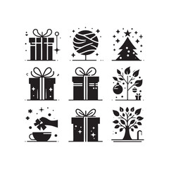 Naklejka premium Gift Silhouette: Elegant Present Shadows with Ribbons, Bows, and Whimsical Shapes for Stylish Occasions - Gift black vector 
