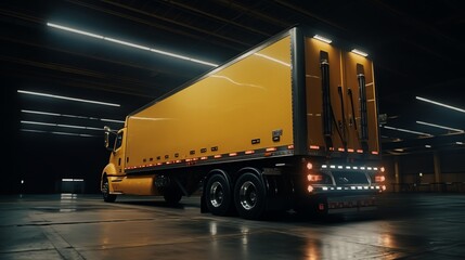 a yellow semi truck in a warehouse - obrazy, fototapety, plakaty