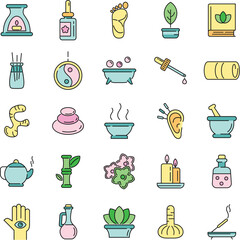 Ayurveda icons set. Outline set of ayurveda vector icons thin line color flat on white