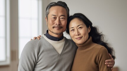 Fototapeta premium Embracing each other, a middle-aged Asian couple shares a moment of happiness in their dwelling.