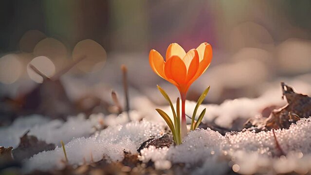 A single orange crocus emerging from melting snow, with a soft-focus background and warm sunlight filtering through
