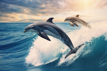 Two dolphins are jumping out of the water