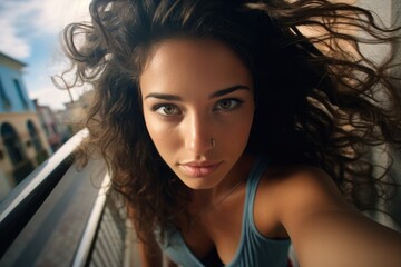 Naklejka premium A woman with long hair standing next to an escalator
