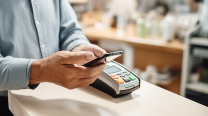With a tap on his phone, the man finishes his grocery payment.