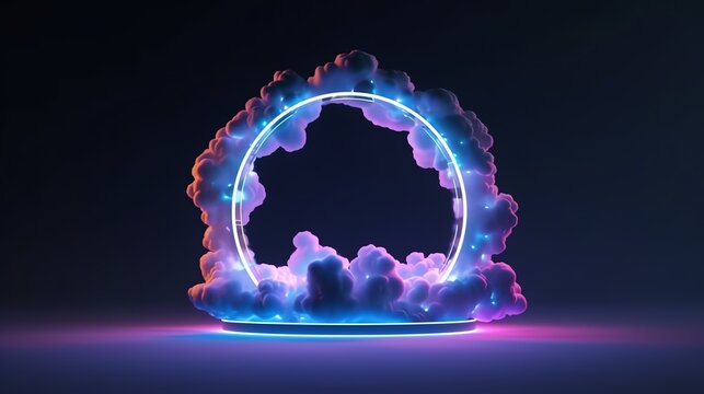 a circular frame with neon lights and smoke
