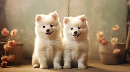 two white puppies sitting next to each other