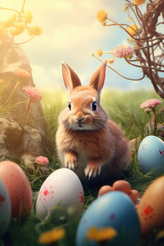 Portrait of cute rabbit with easter eggs on grass field