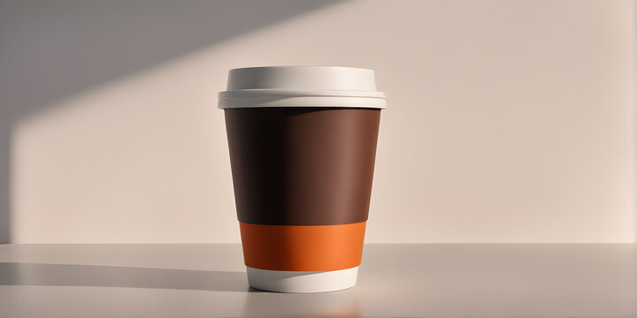 One disposable coffee cup in empty space, white simple background, close-up. Generative Ai