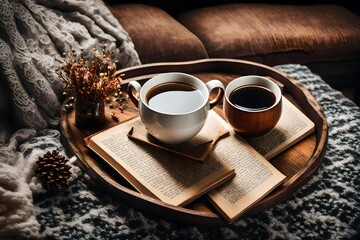 Still life details, cup of tea on retro vintage wooden tray on a coffee table in living room, top view point. Lazy winter weekend with a book on the sofa
