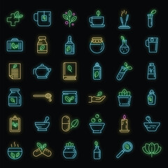 Phytotherapy icons set. Outline set of phytotherapy vector icons neon color on black