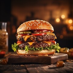 Burger party, hungry hamburgers on wooden table in background ai generated