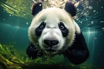  A panda swimming in the water with its head above the water © pham