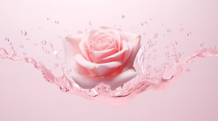 A pink rose petal falling against a white backdrop, softness, product, advertisement, Generative AI.