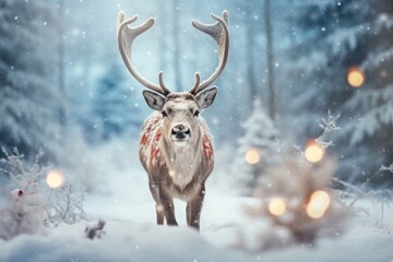 A deer with antlers standing in the snow
