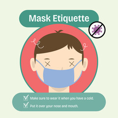 마스크를 쓴 감기 걸린 사람, 마스크 에티켓에 대한 일러스트 