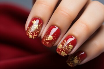 Christmas themed ornate perfect manicure in red and gold colors with stars and reindeers, nail salon ad photography