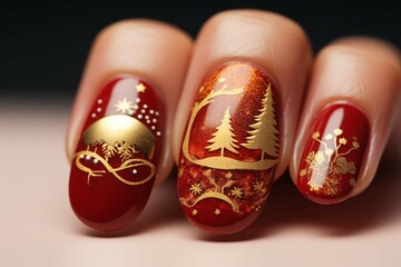 Christmas themed ornate perfect manicure in red and gold colors with stars and reindeers, nail...