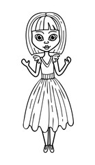 Coloring page girls doll line art. Woman in evening dress. Hand drawn illustration.