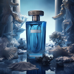 a blue bottle of perfume