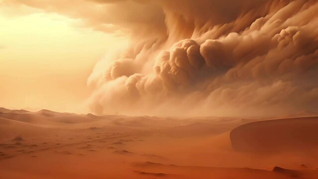 A dramatic orange-hued desert landscape under a massive, roiling sandstorm cloud formation