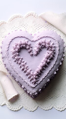 Vintage lambeth cake in heart shape, decorated with lavender icing, buttercream garlands, lilac birthday cake with cream piping, trendy present for Valentine’s Day