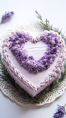 Trendy vintage lambeth cake in heart shape, decorated with lavender buttercream garlands, lilac birthday cake with cream piping, present for Valentine’s Day