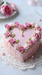Close up photo of trendy vintage lambeth cake in heart shape, decorated with buttercream garlands and roses, pink birthday cake with cream piping, sweet gift for Valentine’s Day, sweet dessert