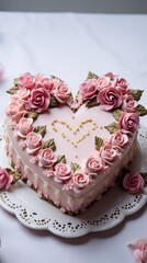 Obraz na płótnie Canvas Close up photo of trendy vintage lambeth cake in heart shape, decorated with buttercream garlands and roses, pink birthday cake with cream piping, present for Valentine’s Day, sweet dessert