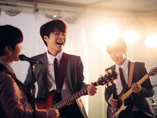 korean k-pop boys band posing in the studio