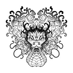 Chinese Dragon. Zodiac symbol of the New Year 2024. Hand-drawn black line illustration isolated on a white background.