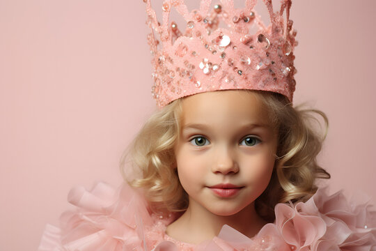 Portrait of cute young girl wearing pink carnival or Halloween princess costume with crown