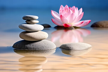 Fototapeta na wymiar Rock balancing. Small zen stacking stones piled in balanced in water with pink lotus flower