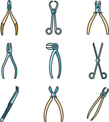 Clinic forceps icons set. Outline set of clinic forceps vector icons thin line color flat on white