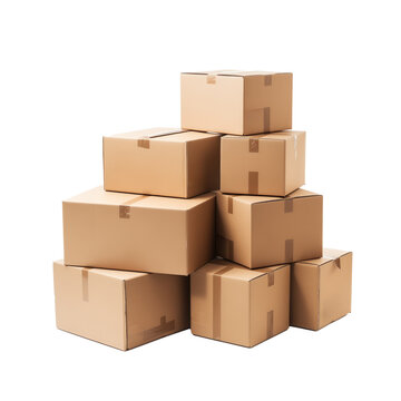Stack of brown packaging boxes isolated on transparent background