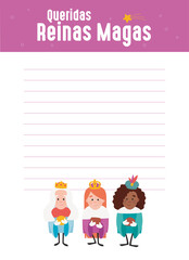 Funny vectorized letter. Dear wise women, written in Spanish.Queens of orient vectors. Christmas postal