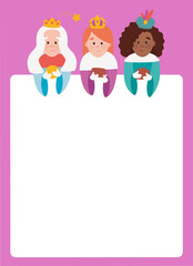 Funny vectorized letter. Dear wise women, written in Spanish.Queens of orient vectors. Christmas postal
