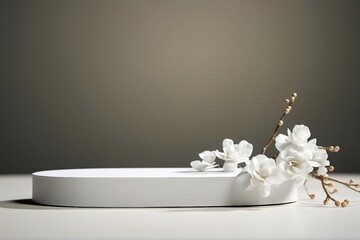 Geometric empty podium platform stand for product presentation and spring flowering tree branch with white lilac flowers on white background. generative ai.