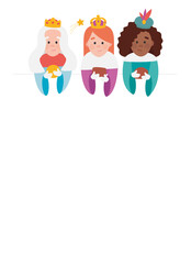 Funny vectorized letter. Dear wise women, written in Spanish.Queens of orient vectors. Christmas postal