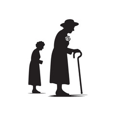 Old Lady Silhouette - Wise and Serene Senior Lady Silhouetted Against a Sunset Sky, Symbolizing Life's Journey - Old Lady Black Vector Old Woman Silhouette

