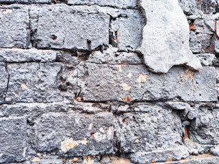 Background and texture with gray old brick and plaster remnants. Abstract background, texture, pattern, frame, place for text and copy space