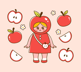 Cute kid wearing an apple costume. Vector illustration of adorable fruit mascot and apples around. Hand drawn elements in trendy cartoon style.