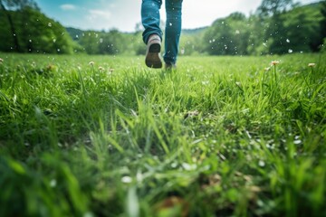A person walking across a lush green field