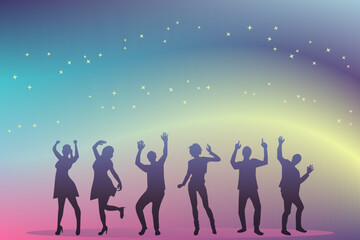 A group of happy dancing men and women with colorful gradient background. New year party concept. Vector illustration.