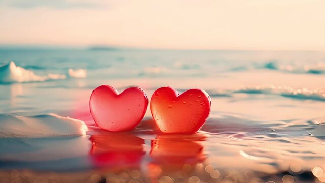 Two red translucent heart shapes on a sandy seashore with gentle waves and a warm, blurred sunset background