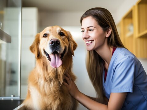 Portrait of smiling female veterinarian examining golden retriever in vet clinic